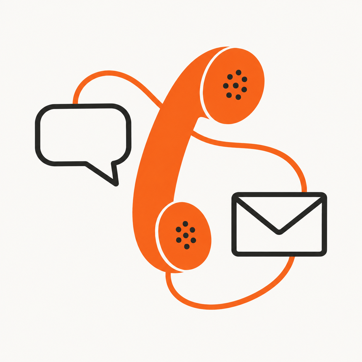 Minimal orange phone connected to charcoal outlines of a chat bubble and envelope